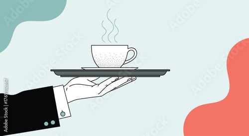 A hand in a suit and glove serves a cup of steaming coffee on a tray.