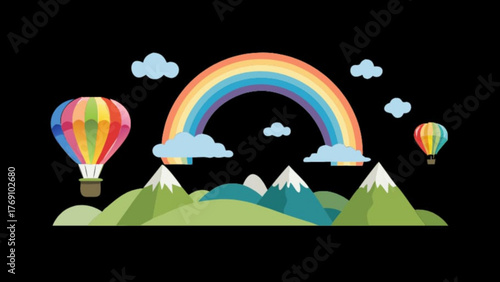 A whimsical landscape featuring colorful hot air balloons floating above rolling green hills, with a vibrant rainbow arching across the sky and fluffy clouds dotting the scene