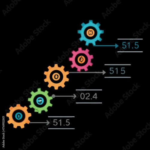 Infographic with gears showing a stepbystep process with numerical values, ideal for presentations or data visualization, isolated on