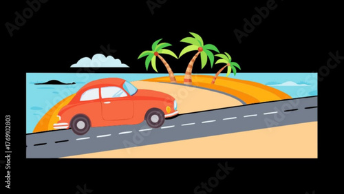 A red car drives along a coastal road, passing palm trees and a sandy beach, with the ocean and sky in the background, enjoying a scenic drive