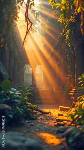 ancient stone temple ruins bathed in golden sunlight with lush jungle plants and mystical atmosphere