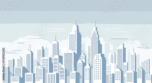Stylized illustration of a modern city skyline with tall white buildings against a pale blue sky.