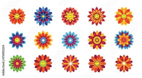 Collection of colorful smiley face and decorative flowers in a grid format.