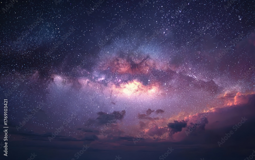 Naklejka premium Vast night sky filled with twinkling stars and colorful nebulae, showcasing the beauty of the universe in a breathtaking cosmic landscape with deep space elements