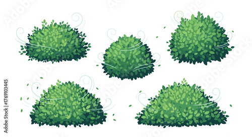 Illustration of five green leafy bushes being blown by the wind.