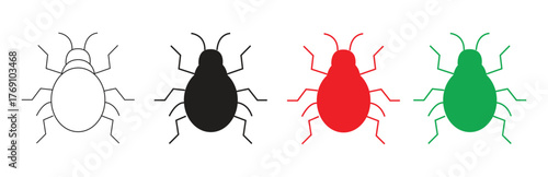 Collection of four bug icons in various styles and colors, including outline, solid black, red, and green