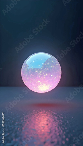 glowing glittering sphere hovering over reflective surface with soft pink and blue neon light