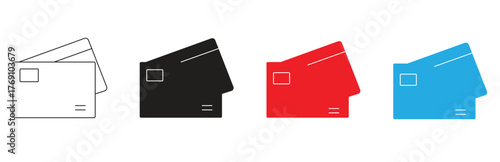 Set of four envelope icons in different styles and colors, including outline, solid black, red, and blue