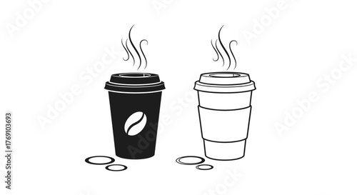 Two steaming coffee cups, one black with a coffee bean logo and one outlined with a paper sleeve.
