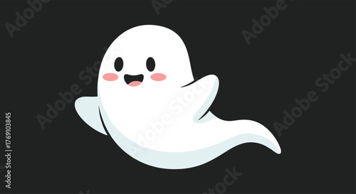 Cute cartoon ghost floating with a happy expression and blush on cheeks, set against a dark background.
