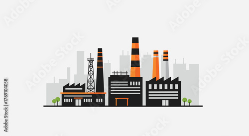 Illustration of an industrial factory complex with smokestacks and buildings.