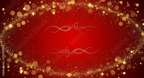 A festive red background with golden bokeh lights and decorative swirls for holiday celebrations