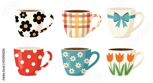 Collection of six colorful and decorative coffee mugs filled with brown liquid.
