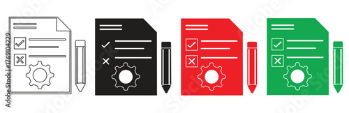 Collection of four documents with checklist, gear icon, and pencil in various colors