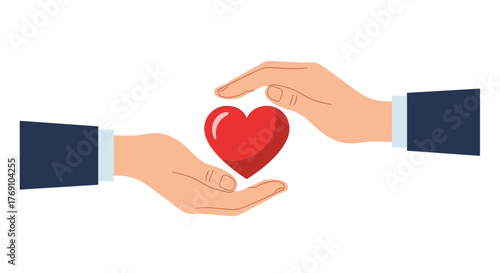 Two hands in business suits cupping and protecting a red heart symbol.