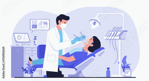 Dental examination scene in modern clinic setting with professional care