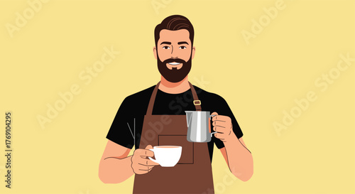 A friendly barista with a beard holds a coffee cup and milk jug, ready to serve.