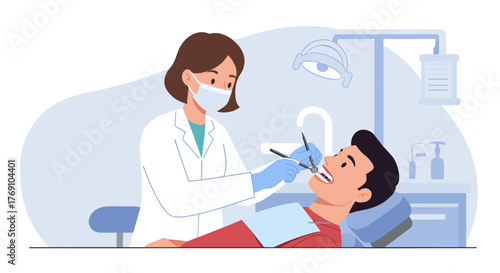 Dental care scene with dentist and patient in a modern clinic setting