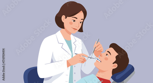 Friendly dentist treating patient with braces in modern clinic scene