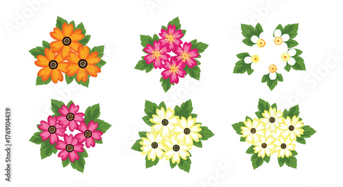 Six different cartoon flower bouquets in a grid layout.
