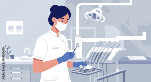 Dental professional in modern clinic setting with surgical tools and equipment