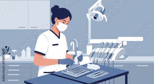 Dentist preparing surgical instruments in modern dental clinic