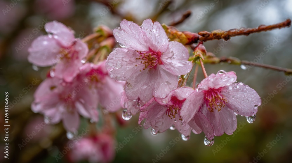 Obraz premium Cherry blossoms bloom elegantly adorned with fresh raindrops shimmering softly in springtime light.