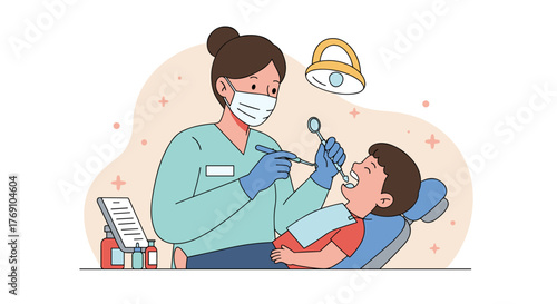 Dentist cleaning child's teeth in clinic with modern equipment in flat style