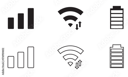 Screen phone ios notification bar icon.  Mobile device interface icons showing signal strength, WiFi connection, and battery level percentage, representing connectivity and technology status indicator