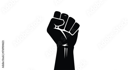 Black raised fist symbol of power and protest on a white background.