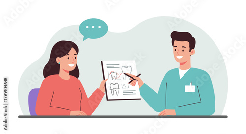 Dentist showing dental chart to patient in modern flat design
