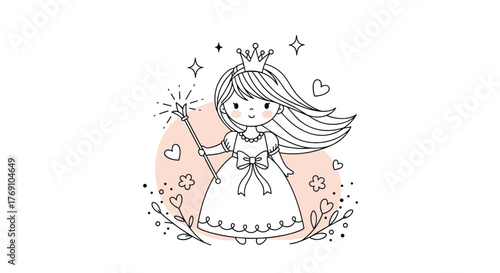 Adorable hand-drawn princess illustration with a crown, flowing hair, and a magic wand, surrounded by cute hearts and flowers.