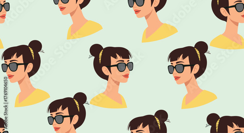 Pattern of stylish women wearing sunglasses and yellow tops on a light green background.