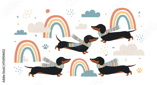 Cheerful dachshund dogs with rainbow scarves and rainbows, whimsical and fun vector illustration perfect for kids and animal lovers.
