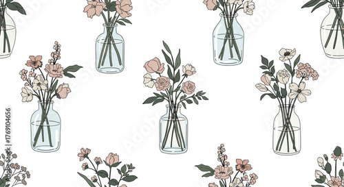 Elegant floral pattern featuring bouquets of flowers in glass vases arranged on a white background.