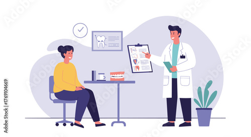Modern dental consultation scene with dentist and patient in a calm clinic setting
