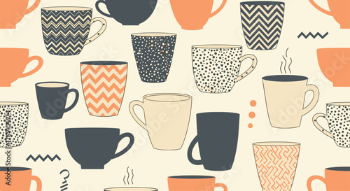 A whimsical pattern featuring various illustrated coffee mugs against a cream-colored backdrop, perfect for design elements or backgrounds.