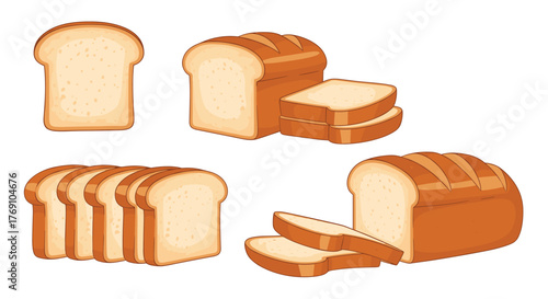 Variety of sliced and whole loaves of white bread arranged on a white background.