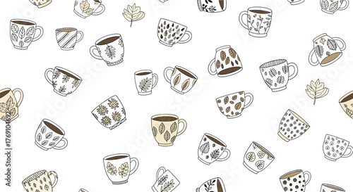 Cozy Fall: Seamless Pattern of Hand-Drawn Coffee Mugs with Autumnal Leaves and Foliage Designs for Fabric, Wallpaper, and Backgrounds.