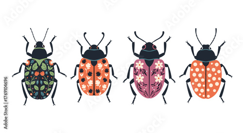 A charming collection of four stylized beetles with intricate floral and classic polka dot patterns, ideal for nature-inspired designs.