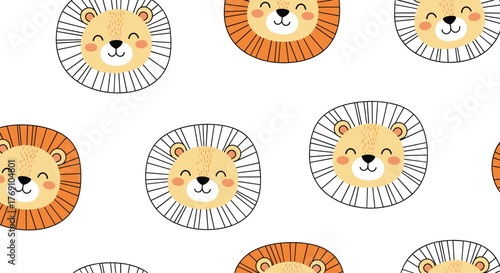 Seamless vector pattern with cute cartoon lion faces on a white background, perfect for textile, fabric, or paper design.
