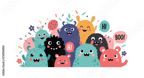 A group of cute, colorful, and friendly cartoon monsters happily greeting and waving in a playful illustration.