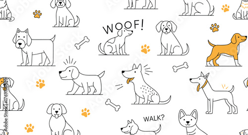 Playful dog illustration seamless pattern with bones, paw prints, and speech bubbles on a white background.