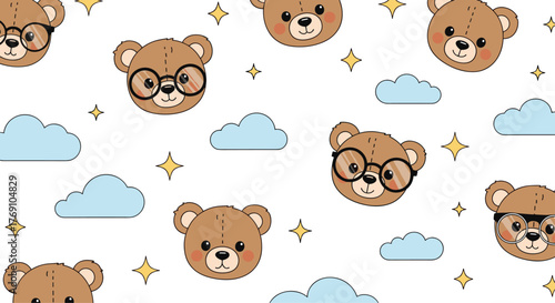Playful pattern featuring adorable teddy bears with glasses, clouds, and stars on a white background, perfect for children's designs and more.