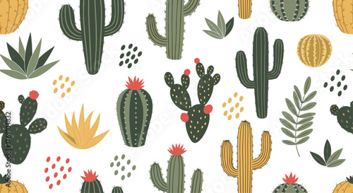 Seamless pattern of various cacti and succulents with different shapes and colors on a white background creates a desert-themed aesthetic.