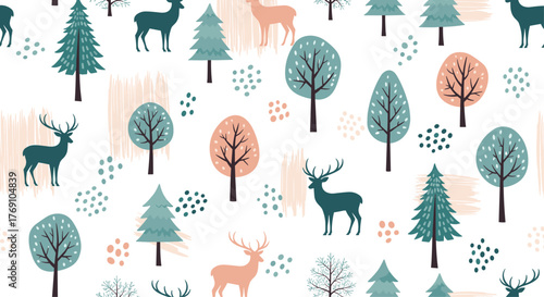 Whimsical forest pattern with deer and stylized trees in muted colors.