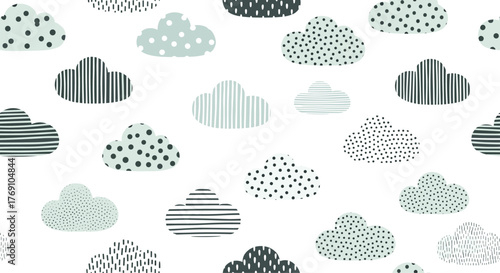 Seamless pattern of stylized clouds with various textures on a white background.