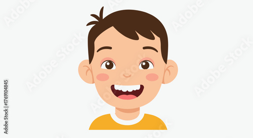 Cheerful cartoon boy face with brown hair on transparent background