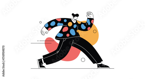 Person in colorful polka dot shirt running with abstract shapes in background.