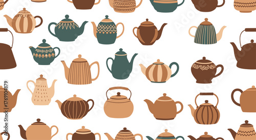 Charming seamless pattern with diverse teapots and kettles in warm, earthy tones on a white background for kitchen and textile designs.